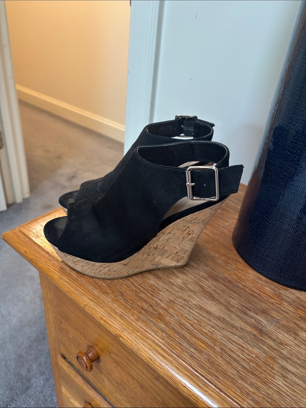 Call It Spring Black Suede Cork Wedge Peep-Toe Sandals with Buckle